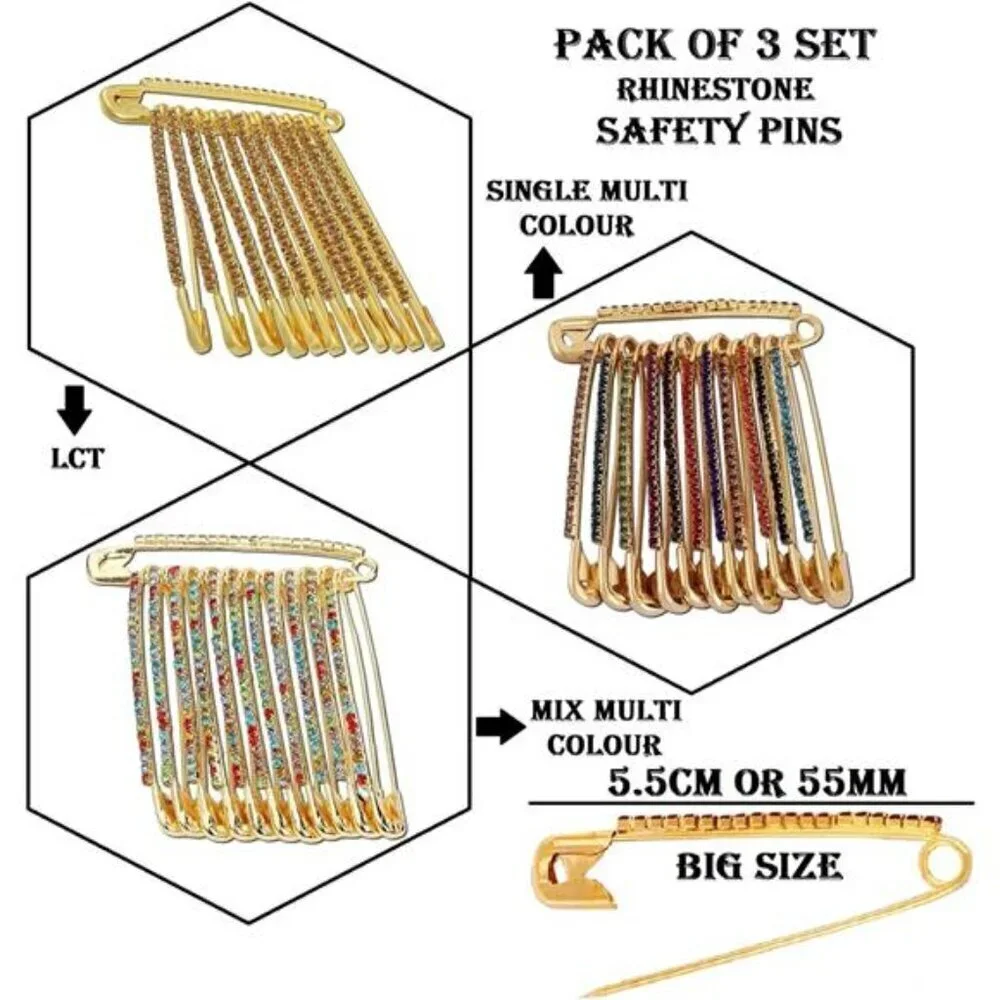 Rhinestone Safety Pin Set 3 Packs of 12 Decorative Sparkly Safety Pin for Clot